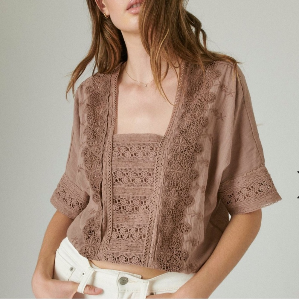 ‼️SOLD‼️Lucky Brand Embroidered Eyelet Cropped Lace Top, Deep Taupe, XS